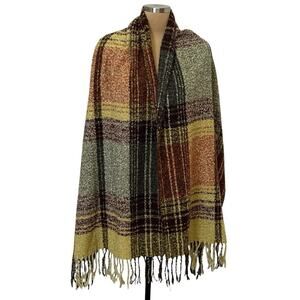 Rook Boucle Scarf Shawl Fringe Plaid Maroon Yellow Textured Soft Warm 76 x 23